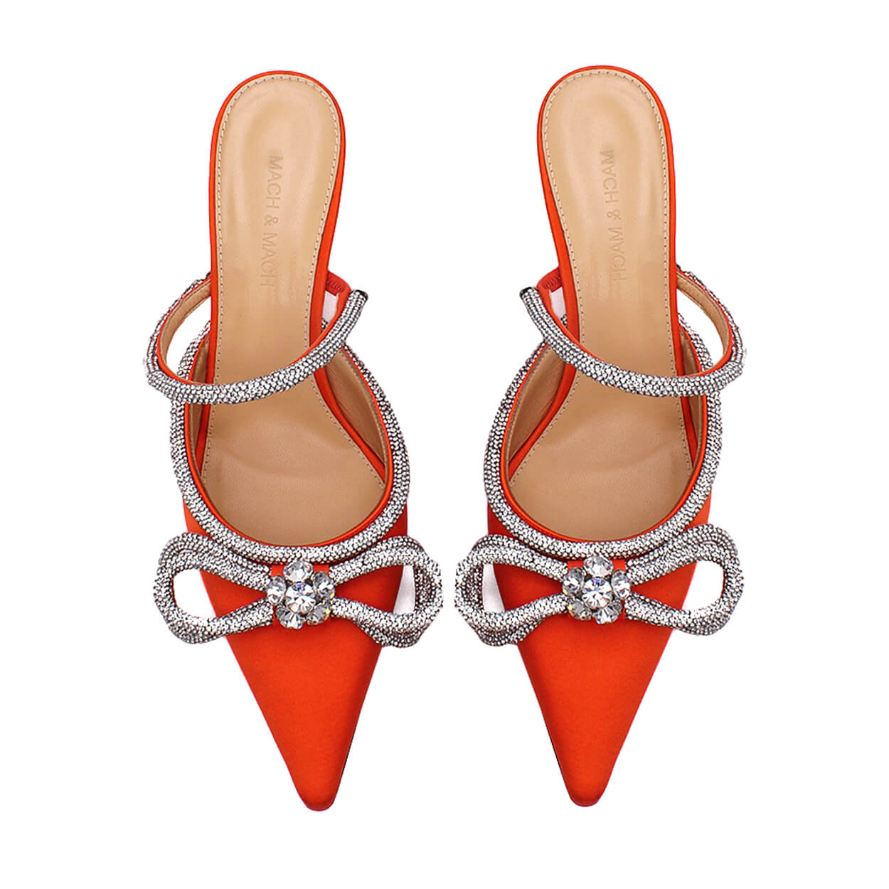 Mach & Mach - Orange Satin Crystal Embellished Double Bow Mules